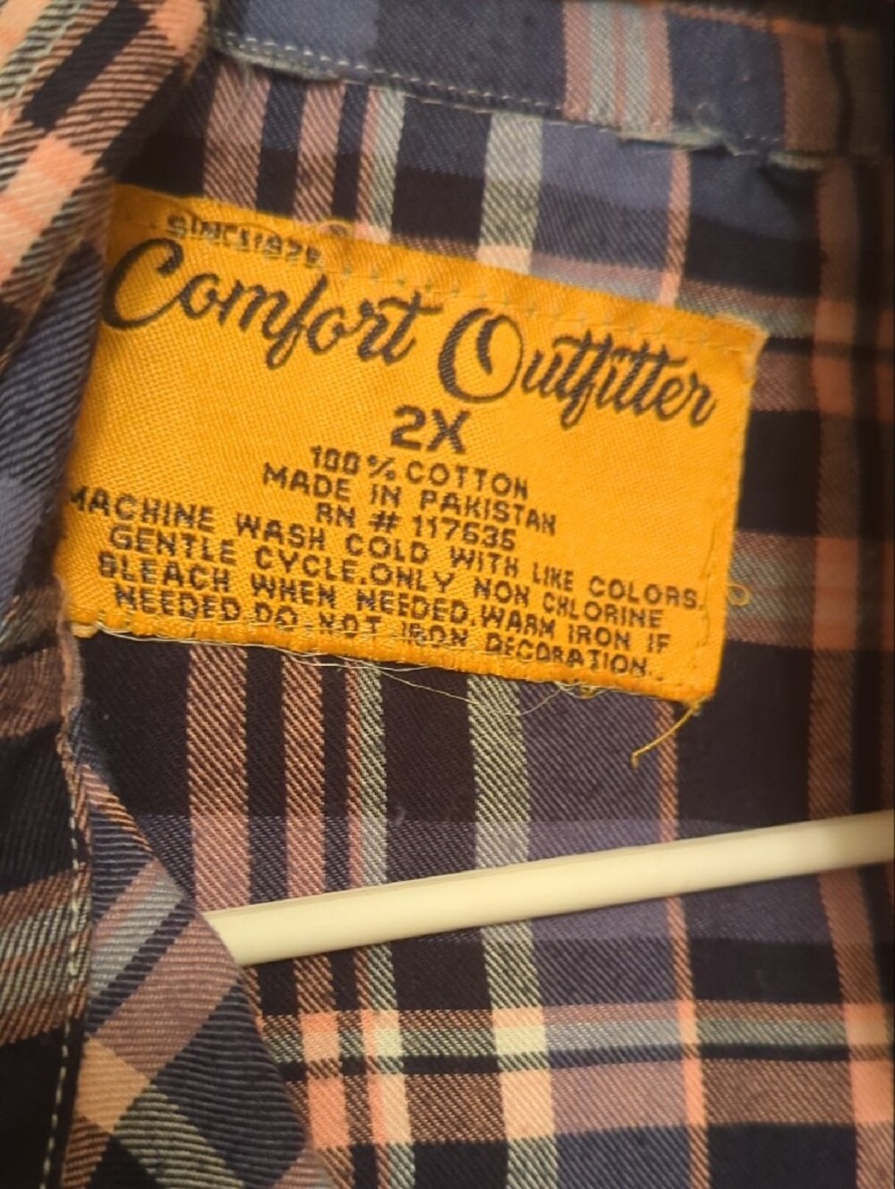Navy and Peach Plaid Button-Down Shirt with Colorful Back Patch - Picture 4 of 4